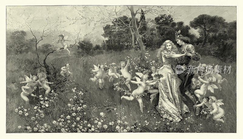 春天的爱情，公主和王子在仙女的簇拥下在草地上翩翩起舞，梦幻浪漫