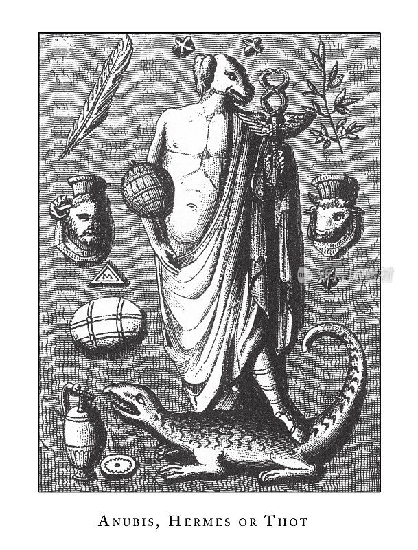 阿努比斯，赫尔墨斯或Thot:神秘的游行:埃及宗教符号和Tableaux雕刻古董插图，出版1851年