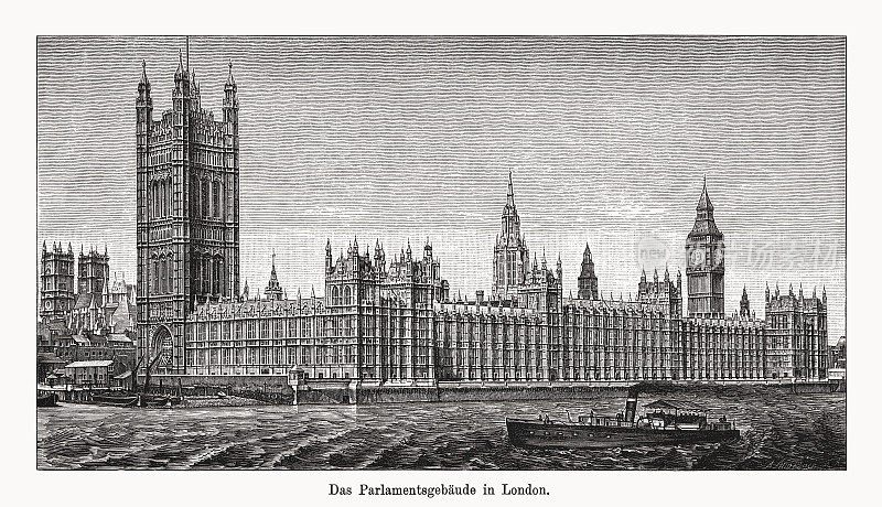 英国伦敦议会大厦，英国，木刻，1894年出版