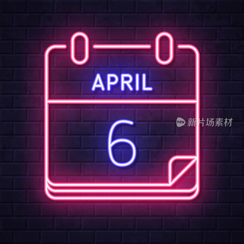 4月6日。在砖墙背景上发光的霓虹灯图标