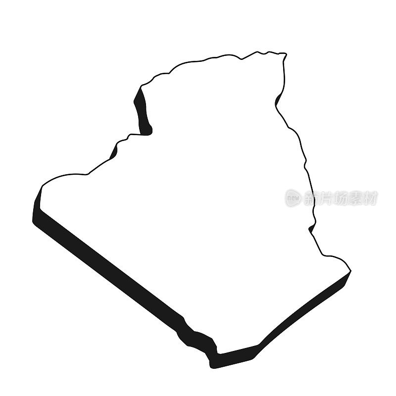阿尔及利亚地图与黑色轮廓和阴影在白色背景
