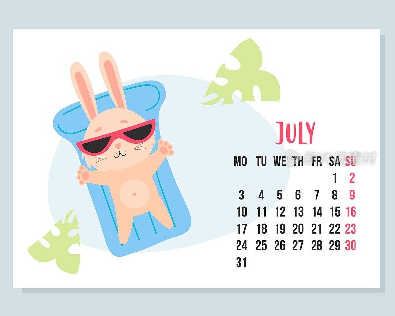2023年7月日历。戴着墨镜度假的可爱兔子漂浮在橡胶防水床垫上。矢量插图。水平模板。从下周一开始用英语。兔子是2023年的象征。