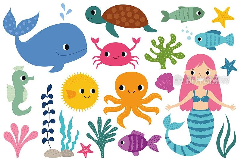 海洋生物，矢量卡通套装(水下世界，动物，植物，可爱的美人鱼)