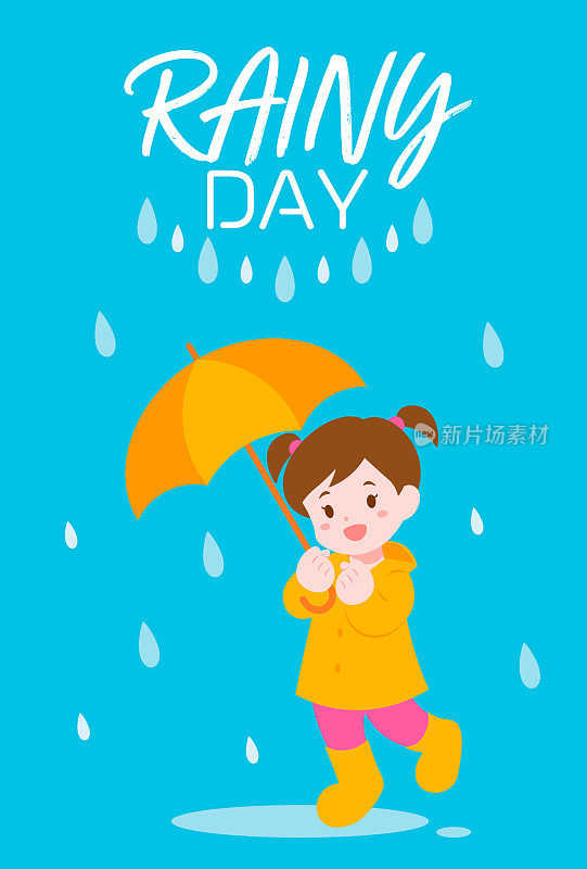 雨天，可爱的女孩在雨中撑着伞。