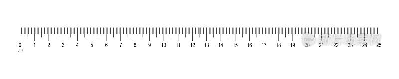 25厘米的标尺。距离，高度或长度测量工具模板厘米和毫米标记和数字孤立在白色背景