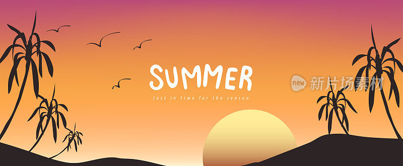 夏季海报横幅背景模板与风景日落在热带海滩