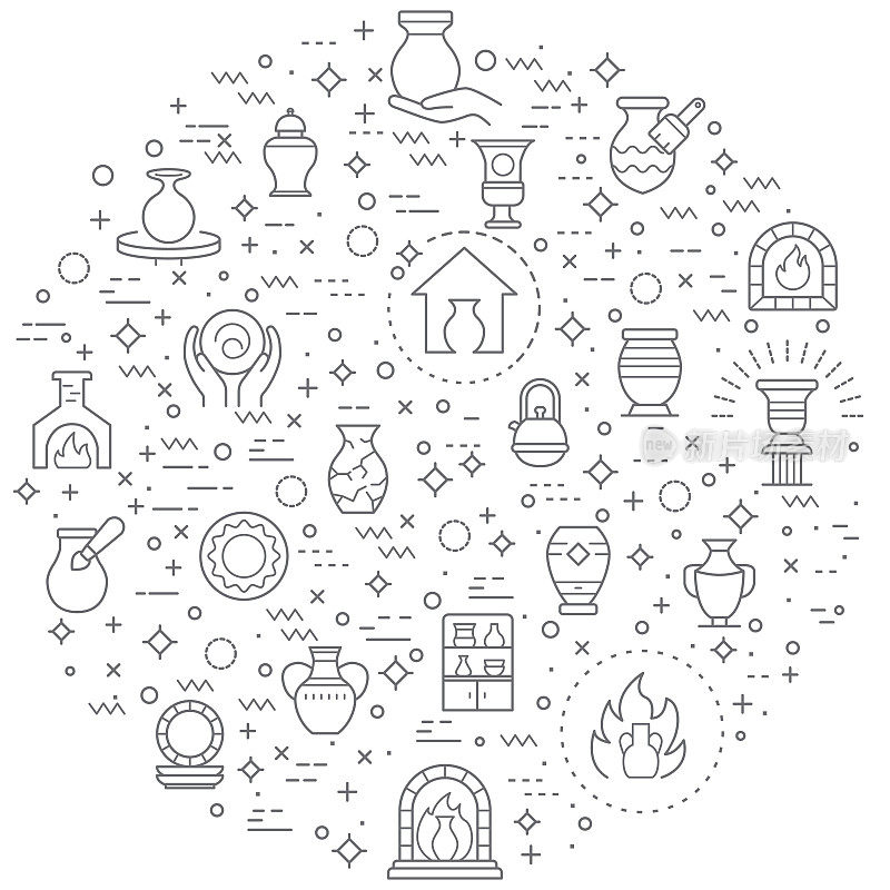 简单的陶器相关矢量线插图集合。