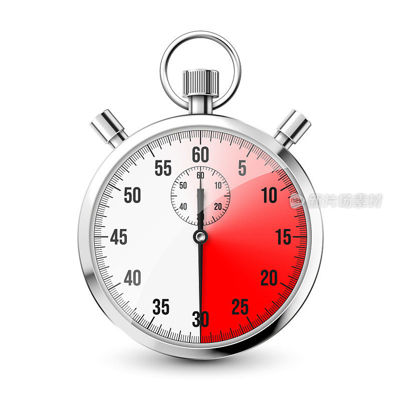 现实的经典秒表图标。闪亮的金属天文钟，带表盘的计时计数器。红色倒计时计时器显示分和秒。测量运动开始和结束的时间。矢量图