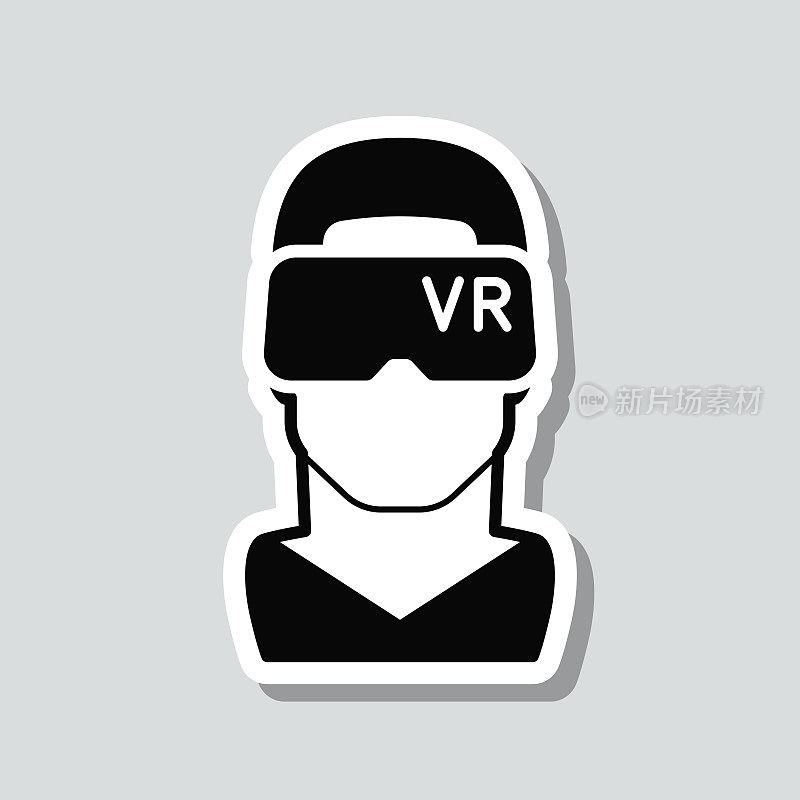 带VR头盔的人-虚拟现实。图标贴纸在灰色背景