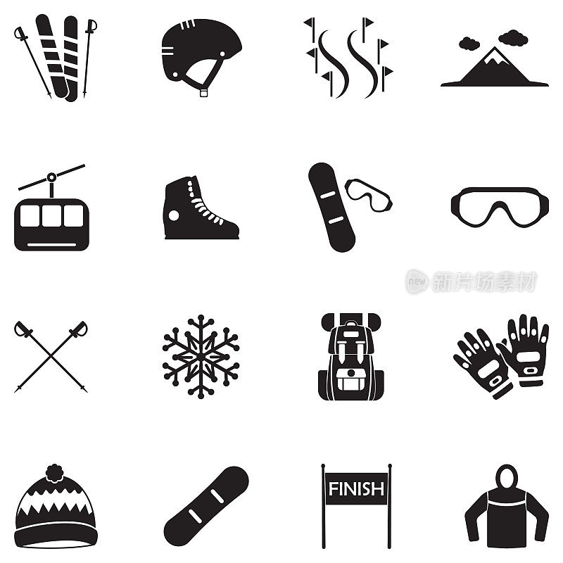 单板和滑雪图标。黑色的平面设计。矢量插图。
