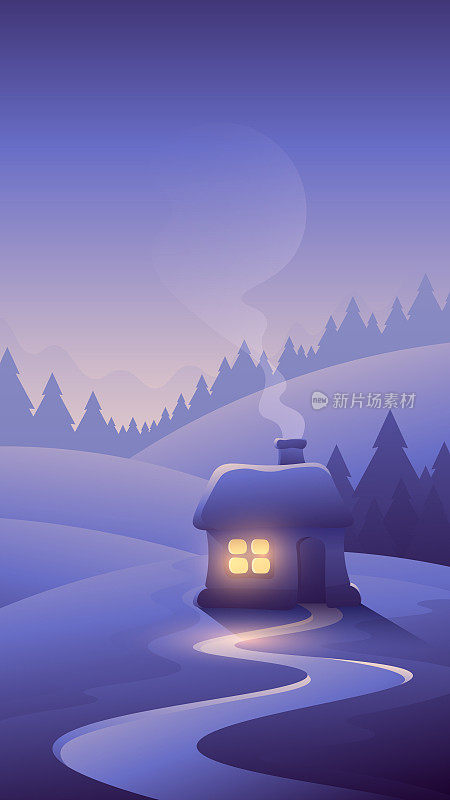 美丽寂寞的别墅。冬季垂直插画的夜晚冬季景观。