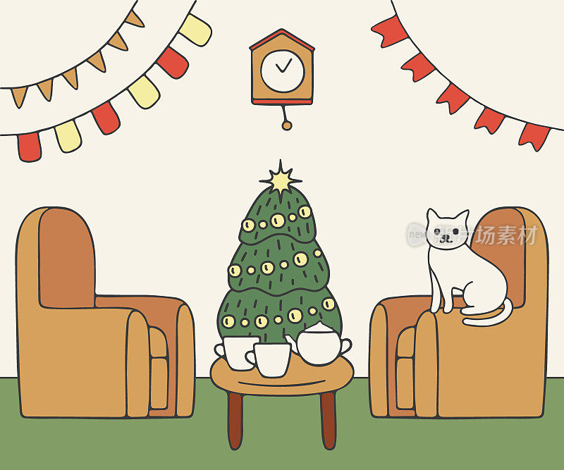 房子客厅，猫坐在扶手椅上和圣诞树，室内装饰圣诞假期。房子里面长着云杉。寒假贺卡。矢量图