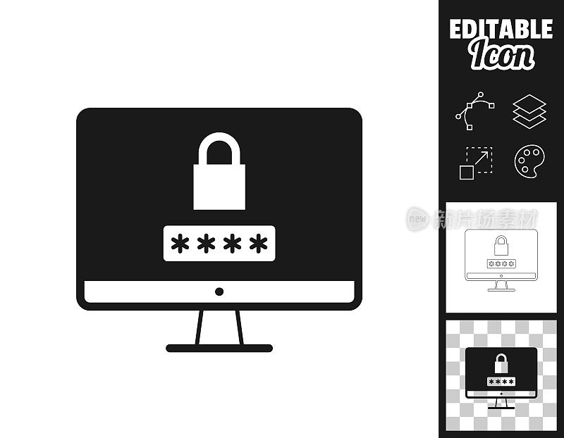 有密码的台式电脑。图标设计。轻松地编辑