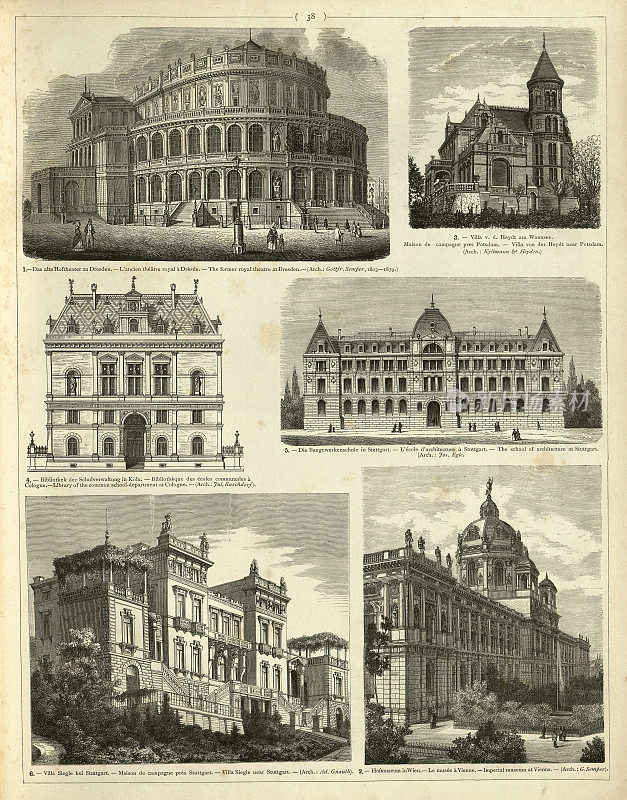 传统建筑的例子有:德累斯顿皇家剧院、波茨坦附近的别墅、科隆图书馆、斯图加特建筑学院、锡格尔别墅、维也纳帝国博物馆