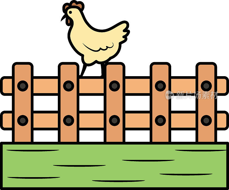 鸡站在栅栏概念，农业栅栏矢量颜色图标设计，农场和园艺符号，村民生活标志，农村和牲畜库存插图