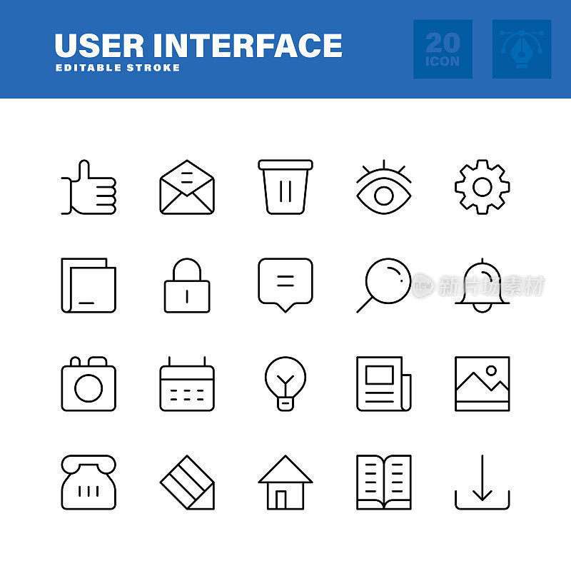 用户界面线路图标设置。可编辑的中风。像素完美。