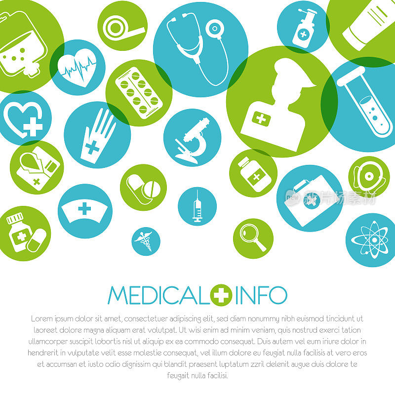扁平风格的医学和保健概念。医学图标在孤立的白色背景与地方的文字。