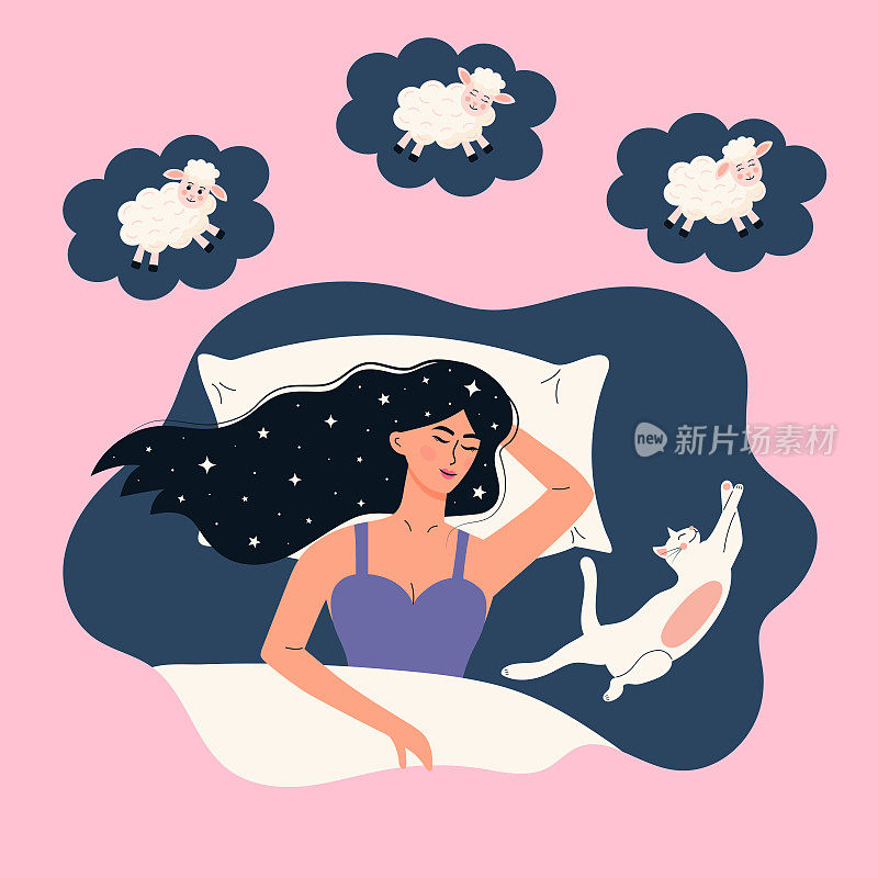 满头星星的女孩和白猫躺在床上。年轻女子睡着了，做着梦，数着羊。梦云与跳跃的羔羊。健康睡眠，甜蜜梦，宠物，家，舒适，休息，放松，失眠或睡眠好概念。