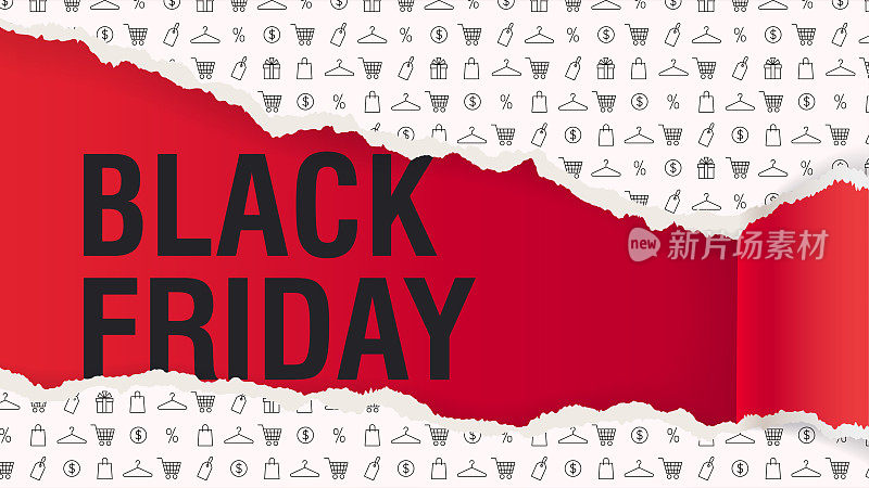 黑色星期五销售横幅与撕裂的纸装饰购物主题图标
