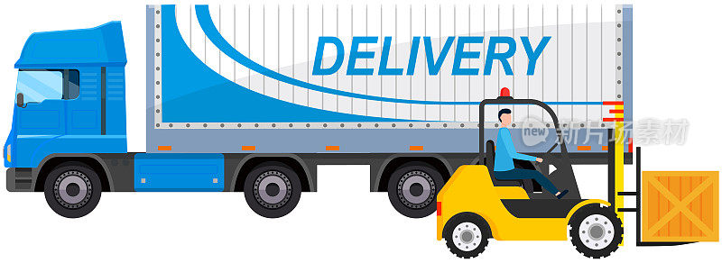 企业仓库货物运输用卡车。货物用箱子储存运输