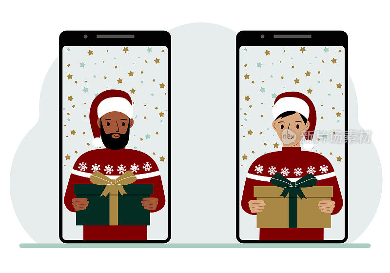 一名男子和一名男子通过手机视频会议在网上见面，虚拟讨论圣诞和新年假期和礼物。