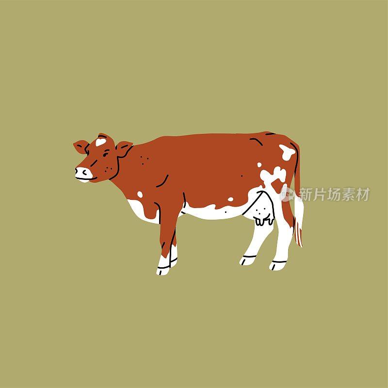 手绘抽象矢量剪贴画插图收集棕色可爱可爱，程式化的奶牛字符。时髦的现代艺术设计理念。矢量卡通农场动物符号。卡通牛动物。