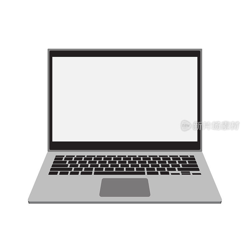 现实的透视前笔记本电脑与键盘隔离倾斜90度。电脑笔记本与空屏幕模板。带有键盘背景的移动计算机的前视图。