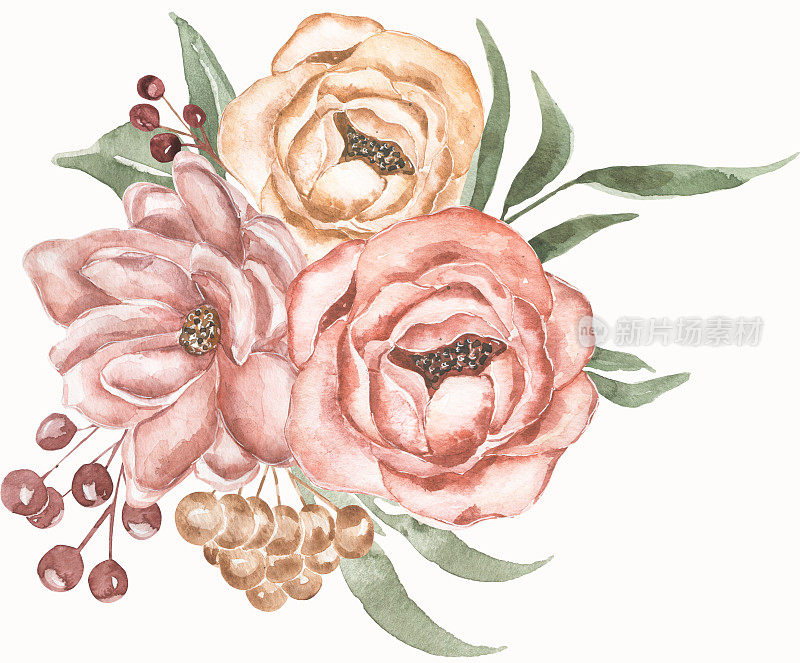 水彩牡丹和草木花束剪贴画，精致的花卉插图在复古风格，粉红色和黄色玫瑰花剪贴艺术，婚礼花