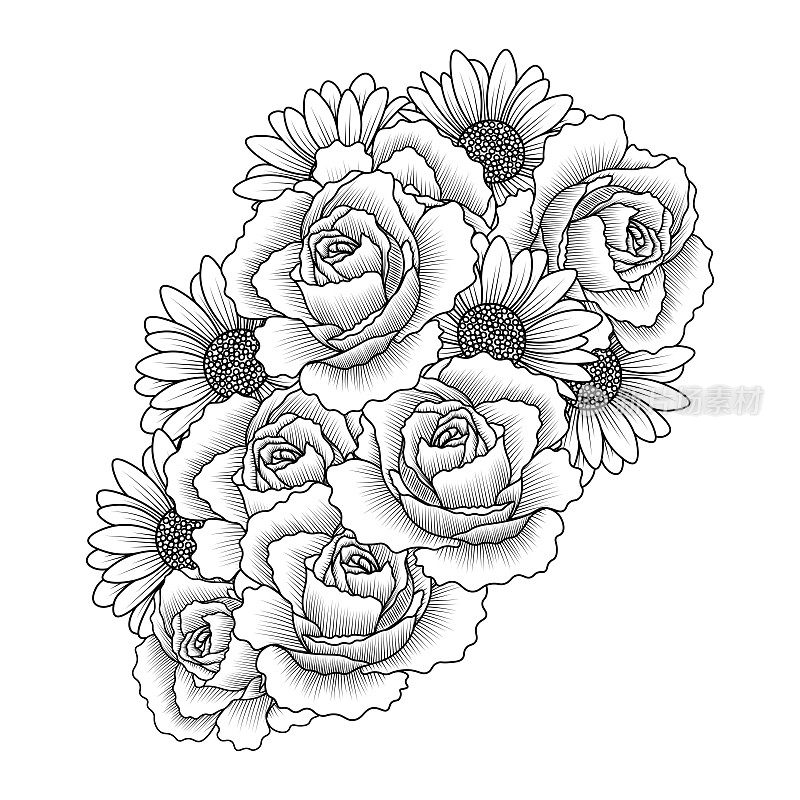 雏菊花和玫瑰花成人涂色书页面设计的矢量剪贴艺术