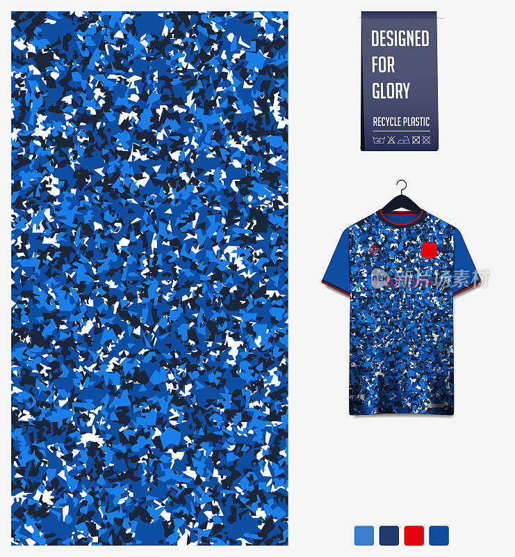 足球球衣图案设计。迷彩图案对蓝色背景的足球装备，足球装备，运动服。T恤模型模板。结构模式。抽象的背景。