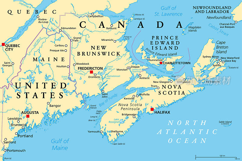 加拿大东部的沿海省份，政治地图