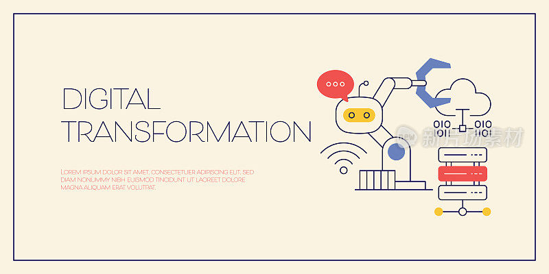 数字转换相关概念矢量插图。工业4.0，机器人，机器学习。