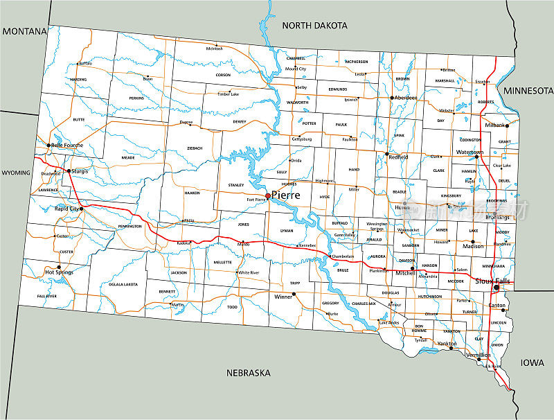 南达科他州公路和高速公路地图。矢量插图。