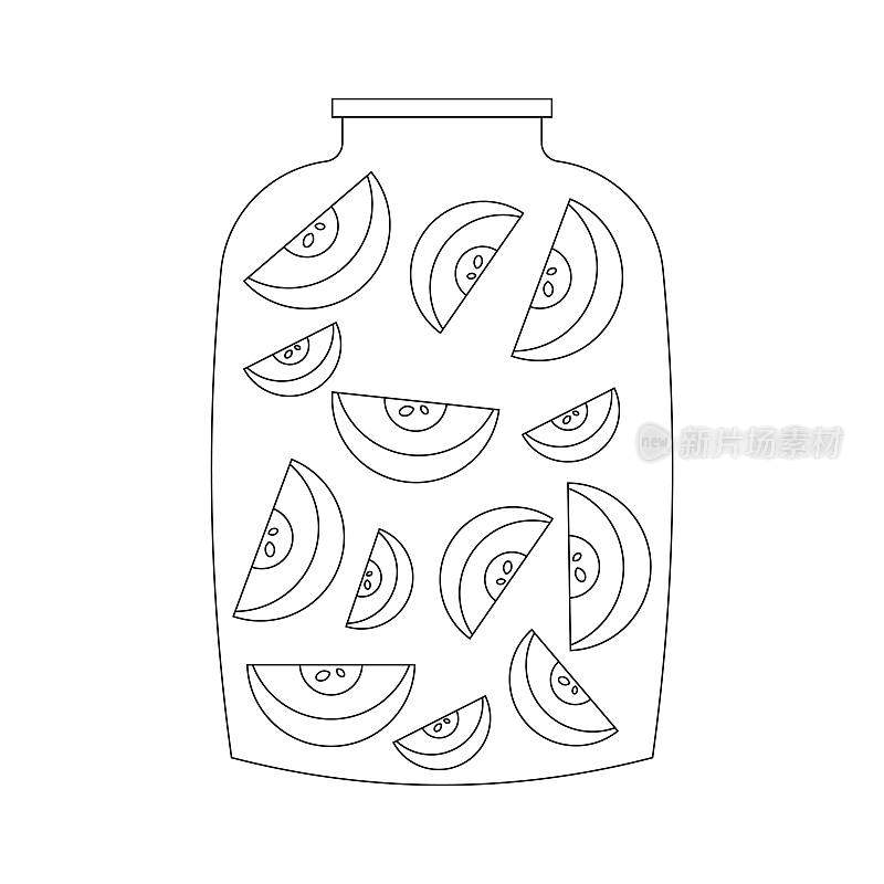 罐子里有苹果，果盘，苹果酱，黑线画，白色背景上的涂鸦。