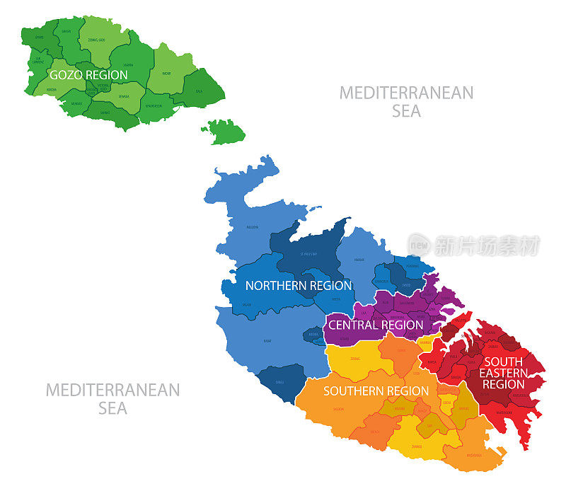 马耳他地图，该国的行政区划为地区和市，详细矢量插图