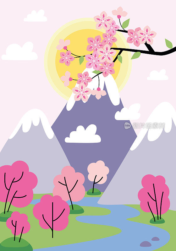 日本山景背景。春天的风景，盛开的樱桃枝，白雪覆盖的火山，背景是淡色调的香草天空。樱花枝