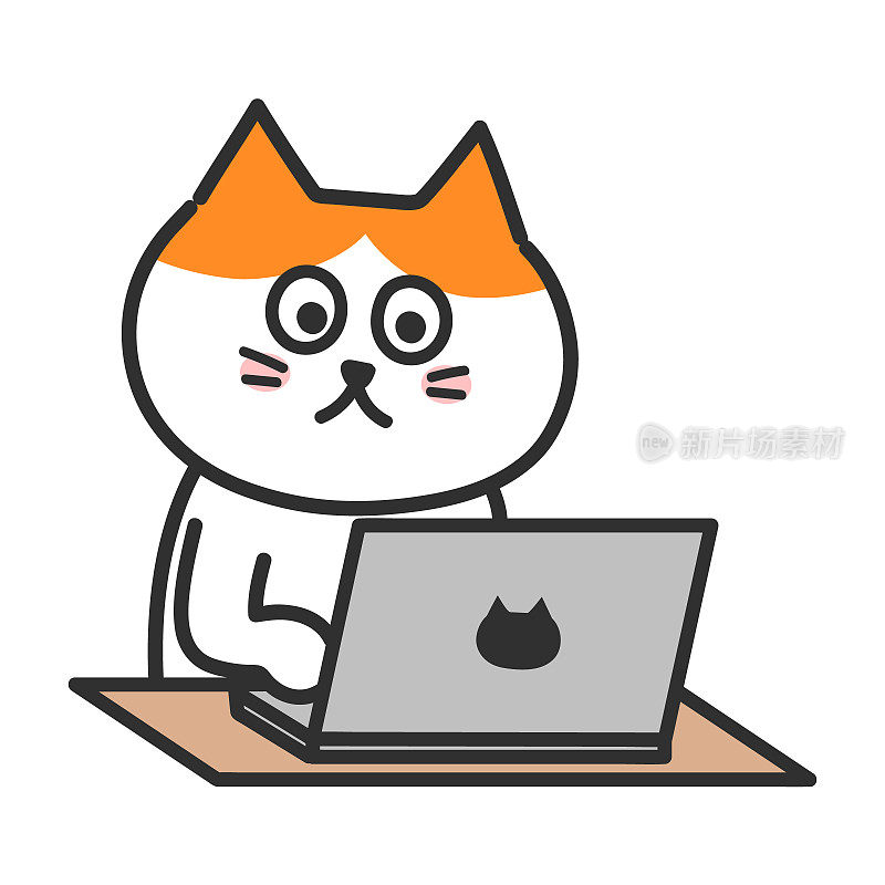 卡通橙色虎斑猫使用笔记本电脑，矢量插图。