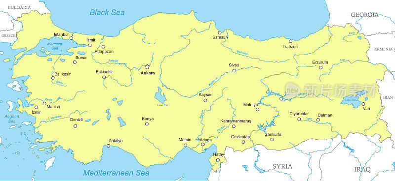 土耳其带有国家边界的政治地图