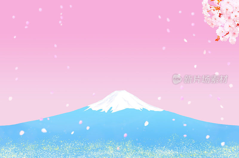 富士山和樱花，黎明或清晨背景插图