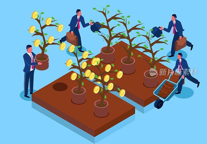 种植和收获，增长投资，财富增长或收入增加，等距商人种植树苗和收获水果
