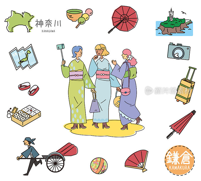 镰仓、神奈川、日本著名观光景点及和服女性朋友的图标套装(线描)