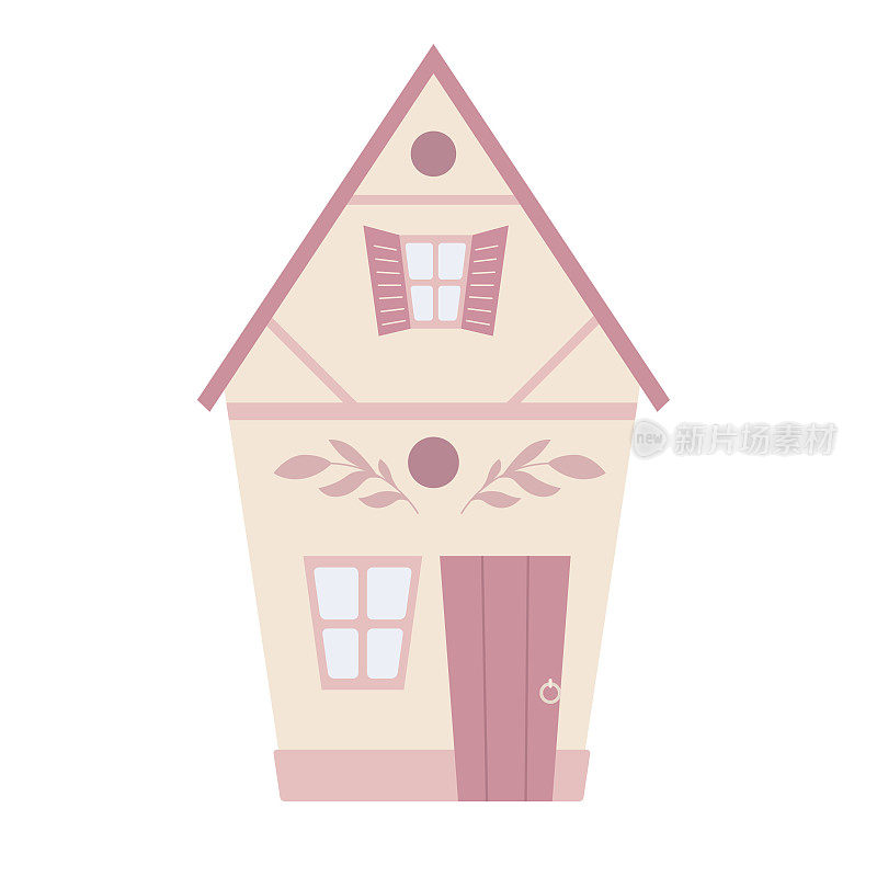 矢量卡通插图一个可爱的乡村别墅在柔和的颜色。玩偶之家。出租及出售房屋。一张两层楼的照片