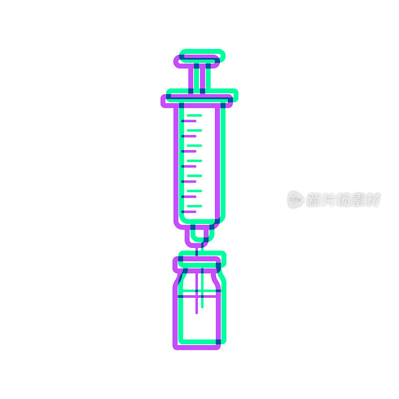 注射器和药瓶。图标与两种颜色叠加在白色背景上