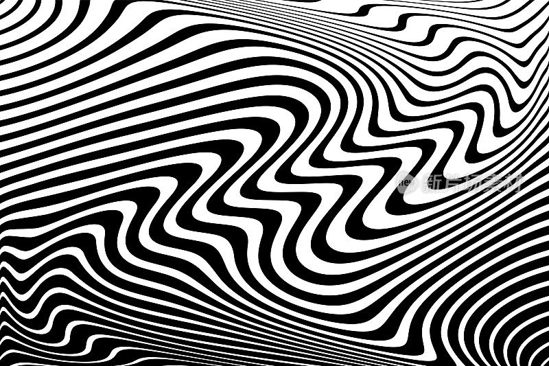波浪线图案与3D幻觉和运动效果。黑白纹理。