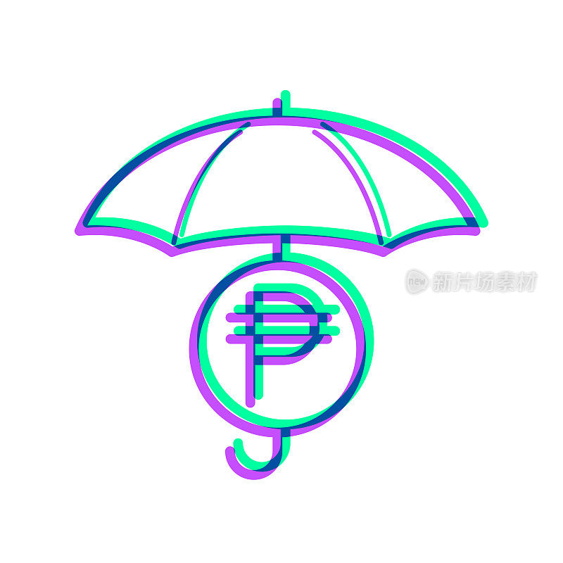 伞下的比索硬币。图标与两种颜色叠加在白色背景上