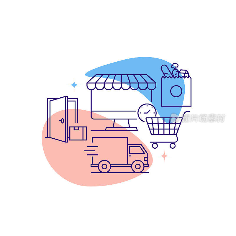 互联网杂货相关线横幅设计。网上购物,移动应用程序,送货,方便付款。