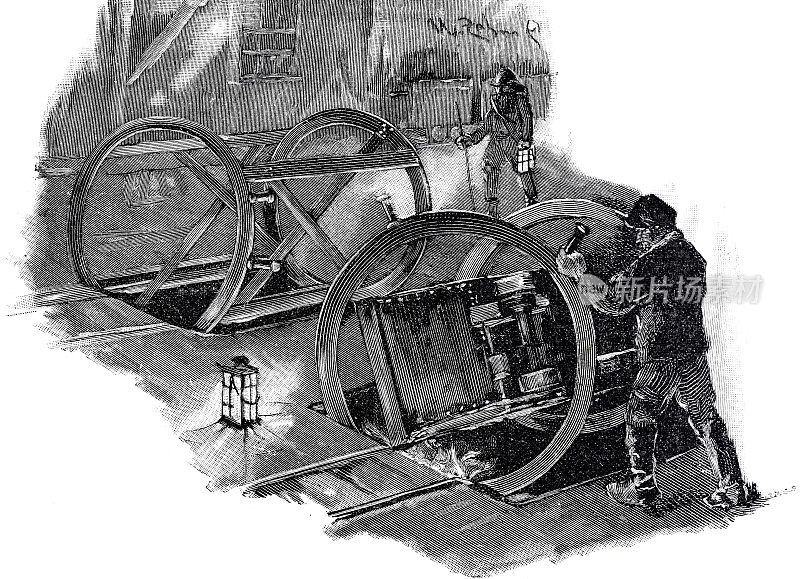 提取琥珀,在矿坑里卸货