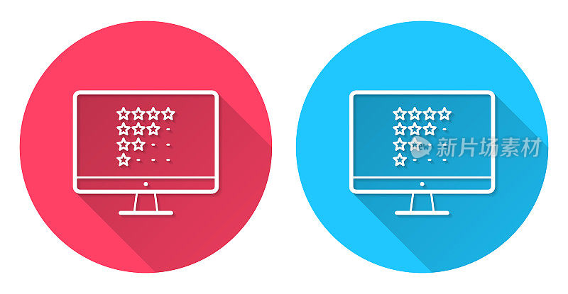 台式电脑与星级评级。圆形图标与长阴影在红色或蓝色的背景