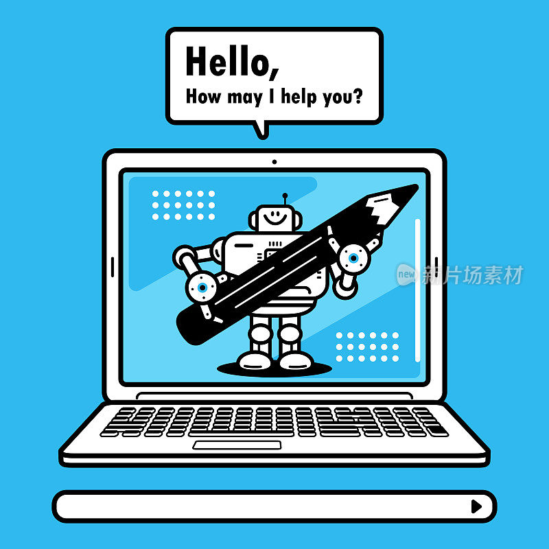 一个人工智能机器人在笔记本电脑屏幕上拿着一支大铅笔