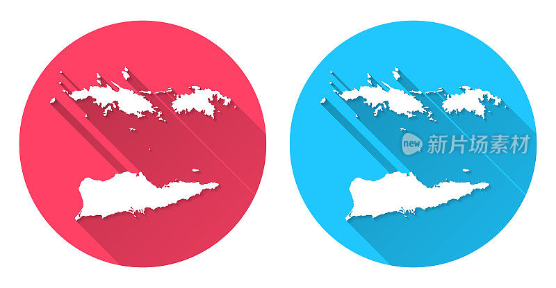 美属维尔京群岛地图。圆形图标与长阴影在红色或蓝色的背景